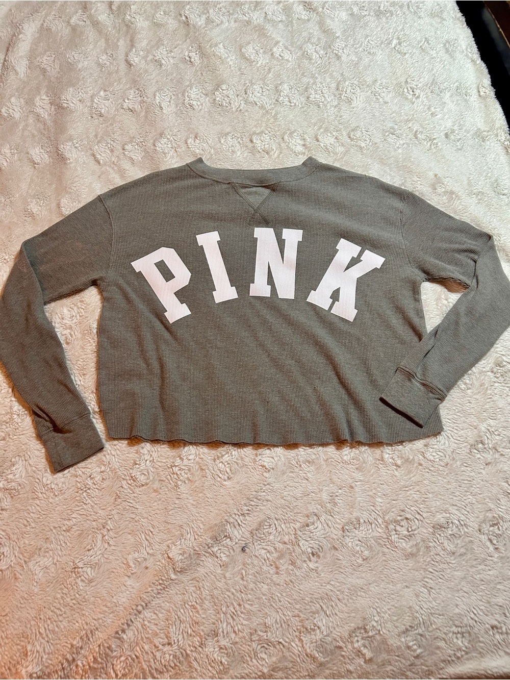 PINK Victoria's Secret Olive Green Cropped Crew Sweatshirt with White Logo